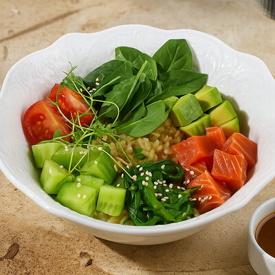 Поке с форелью слабой соли и соево-кунжутным соусом в Ива по цене 1070 ₽