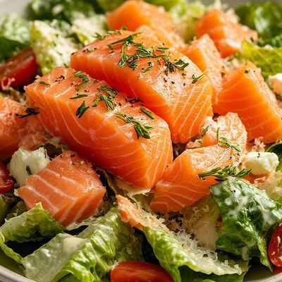 Салат Цезарь со слабосоленой семгой в Камбала по цене 910 ₽