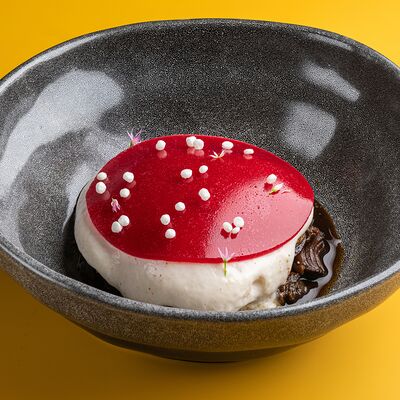 Говядина татаки, печеный перец, мусс из копченого сыра, желе из клюквы в Винология по цене 990 ₽