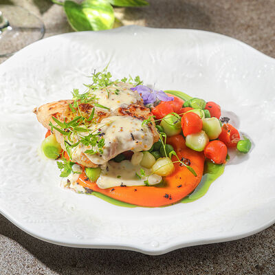 Стейк из трески на морковном креме с овощным ризотто в Ива по цене 1170 ₽