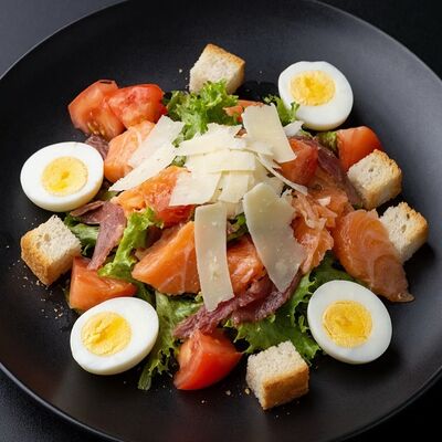 Салат из слабосоленой семги и перепелиных яиц в Бизон по цене 545 ₽