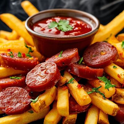 Картофель фри с колбасками и соусом сальсав Наш двор по цене 475 ₽