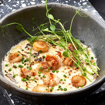 Жареный морской гребешок с грибами и сливочным соусом в Mojo по цене 730