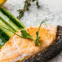 Стейк из семги с битым огурцом и облепиховым кули в Шереметев