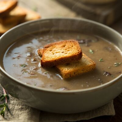 Крем-суп из грибов портобелло с хрустящими крутонами из ржаного хлеба в Фабрика-кухня ex. The Black Door по цене 12 р.
