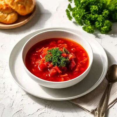 Борщ на говяжьем бульоне с запеченным куриным окороком в Банхоф по цене 179 ₽