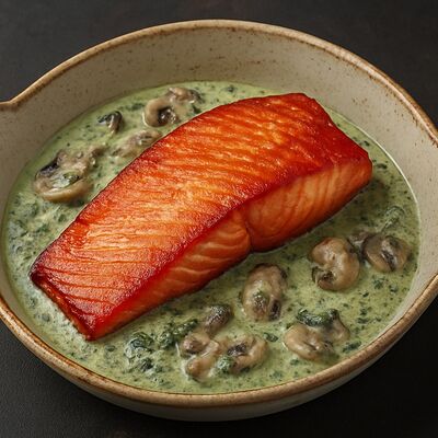 Филе красной рыбы в сливочно-шпинатном соусе с вешенками в Охота на Енота по цене 980 ₽