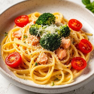 Паста с семгой и брокколи в сливочном соусе с сыром Пармезан в Банхоф по цене 699 ₽