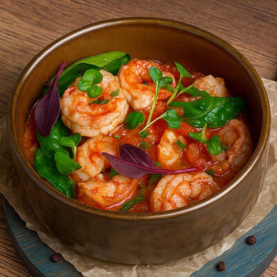 Креветки с томатами и шпинатом в сливочно-чесночном соусе в Белок по цене 1050 ₽