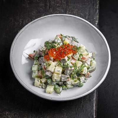 Оливье с языком и красной икрой в Техникум по цене 850 ₽