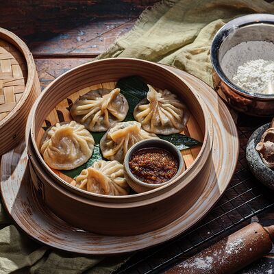 Момо с сыром тофу, шампиньонами, капустой китайской, имбирем и зеленью в Пельмения по цене 578 ₽