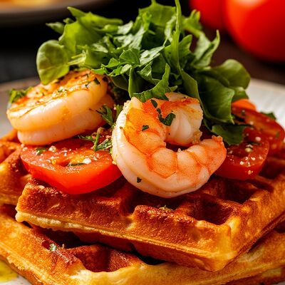 Вафли цезарь с креветкавми в True cafe по цене 650 ₽