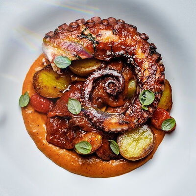 Осьминог с копчеными перцами, молодым картофелем, томатами конфи и соусом ромеско в Sadko по цене 1998 ₽