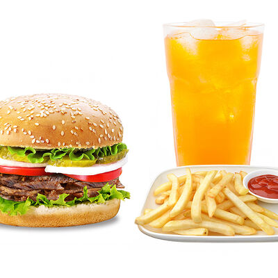 Lux burger + фри + напиток на выбор 0,5 в PizzBurg по цене 3500 ₸