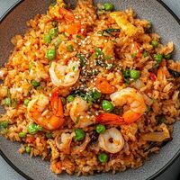 Жареный рис с морепродуктами и сезонными овощами в соусе кимчи в Манки