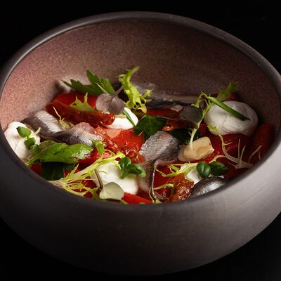 Печеные перцы с анчоусами и кремом из сыра Фета в Первый по цене 620 ₽