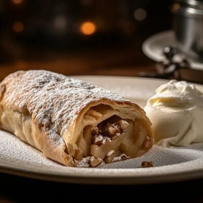 Яблочный штрудель с мороженым в Панорама по цене 550 ₽