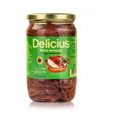 Филе из анчоуса в подсолнечном масле Delicuis, Тунис, Ст/б 700 г в Ченто пицца М7 по цене 5900 ₽
