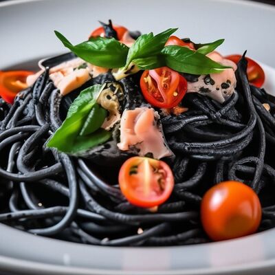 Черная паста с форелью и томатами в Йохан-Пивохан по цене 767 ₽