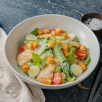 Листья романо на подложке из куриного шницеля с соусом 