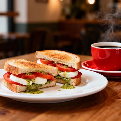 Сэндвич с соусом Песто, моцареллой и помидорами + напиток на выбор в Travelers Coffee по цене 715 ₽