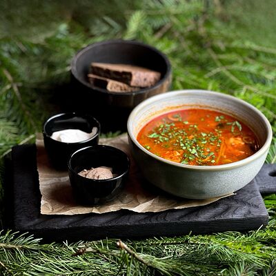 Солянка с копчёными рёбрами и печёночным паштетом в Нобель по цене 440 ₽