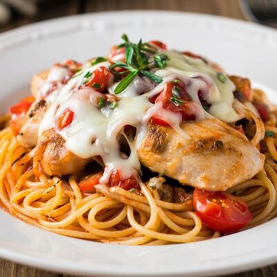 Спагетти с куриной грудкой томатами и сыром в Steel Grill по цене 390 ₽