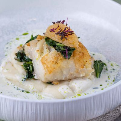 Треска Мерлуццо с пюре из пастернака и шпинатом в Пиццерия Pizzamento по цене 1250 ₽