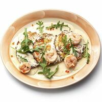 Тигровые креветки на оладье из цукини в Легкий чек