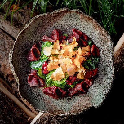 Салат из оленины с брусникой и чипсами из топинамбура в MANUL по цене 1100 ₽