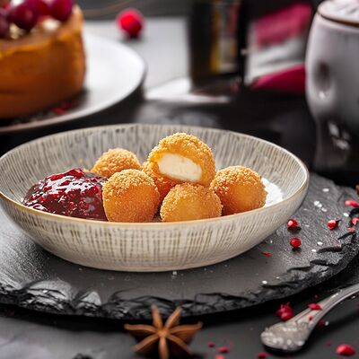 Сырные шарики моцарелла с ягодным соусом в СЫТЫЙ БЫК по цене 390 ₽