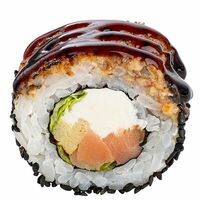 #233 ролл с опаленным угрем тартар и копченым лососем в GODZILLA