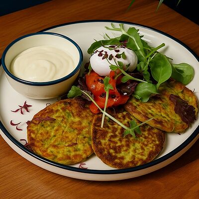 Оладьи из кабачков с лососем в Cream Soda по цене 690 ₽