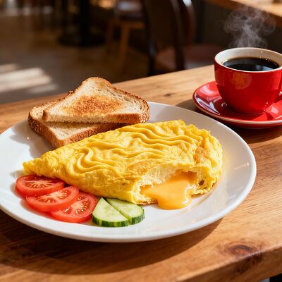 Омлет с сыром и ветчиной, тостовым хлебом и овощами + напиток на выбор в Travelers Coffee по цене 715 ₽