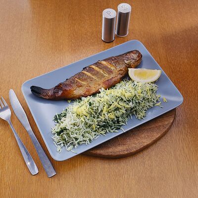 Запеченная форель с рисом и зеленью в Mustang Lounge Cafe по цене 590 ₽