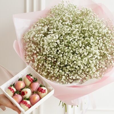 Набор клубники в шоколаде и букета из гипсофилы №54в SOK - клубника в шоколаде по цене 5990 ₽