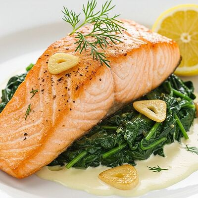 Стейк из лосося под сливочно-сырной шапкой из шпината в KAIF по цене 1100 ₽