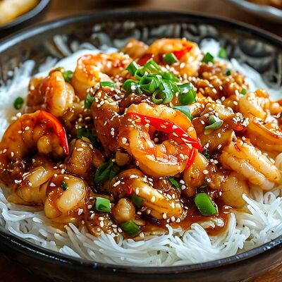 Лапша рисовая с морепродуктами в РАКИДОНА по цене 490 ₽