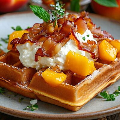 Бельгийская вафля с персиком и беконом в Андриана по цене 740 ₽