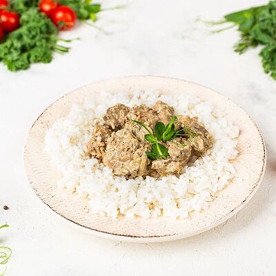 Печень по-строгановски с рисом в У Палыча. С пылу, с жару! по цене 302 ₽