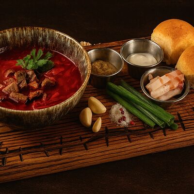 Борщ с салом и горчицей в Гриль Бар Понеслось по цене 620 ₽