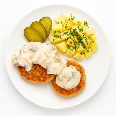 Котлетки куриные с отварным картофелем и грибным соусом в Verona по цене 789 ₽
