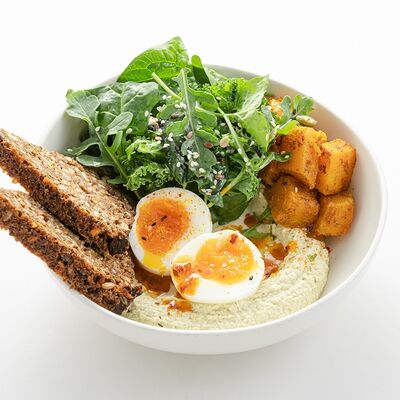 Хумус из тыквенных семечек с яйцом пашот в Nothing Fancy по цене 850 ₽