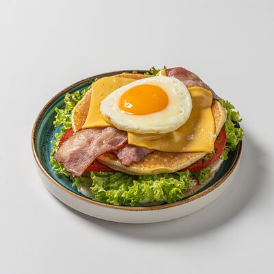 Панкейк американский с яйцом, беконом и соусом цезарь в Миндаль по цене 576 ₽