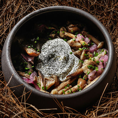 Печеные кундюмы с грибным рагу и сметаной в MANUL по цене 950 ₽