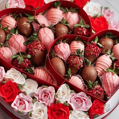 Клубника в шоколаде с зефирными розами Двойное сердце в Fujibox по цене 8500 ₽