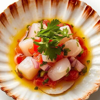 Гребешок на створке с тартаром и клубникой в Ракушка по цене 990 ₽