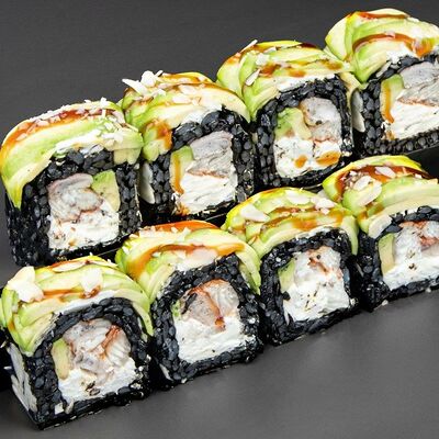 Ролл сливочный угорь с черным рисом и миндалем в Tao Sushi Lab по цене 890 ₽