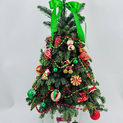 Настольная живая ёлка Нобилис с винтажными игрушками в Дарите красиво по цене 15790 ₽