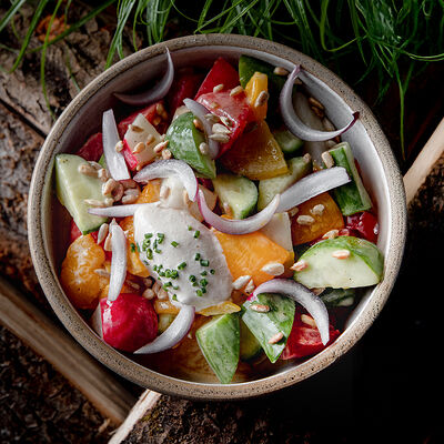 Салат со свежими овощами с заправкой из сена в MANUL по цене 900 ₽